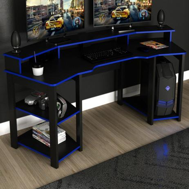 Mesa Gamer para 2 Monitores 3 Prateleiras Preto/Azul Me4167 - Tecno Mobili 186x70cm