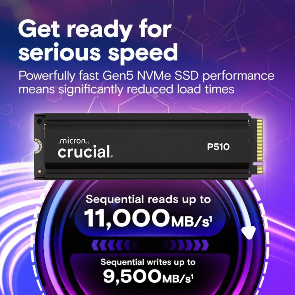 Crucial SSD P510 PCIe Gen5 NVMe 1TB com dissipador de calor, até 11.000 MB/s, TLC NAND, compatível com laptop e desktop (PC), para jogadores e criativos, unidade de estado sólido – CT1000P510SSD5-01