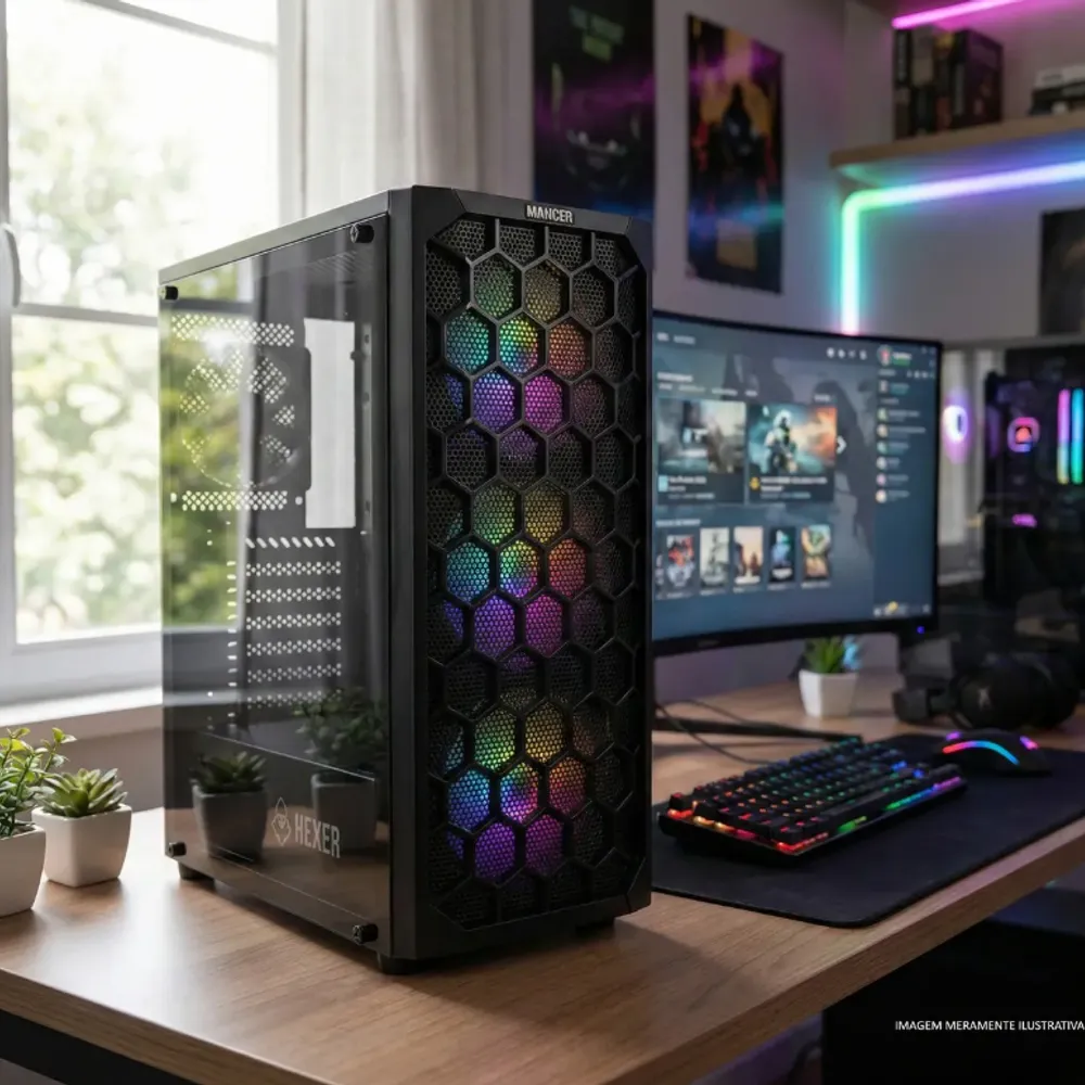 Gabinete Gamer Mancer Hexer, Rainbow, Mid-Tower, Lateral De Vidro, Com 3 Fans