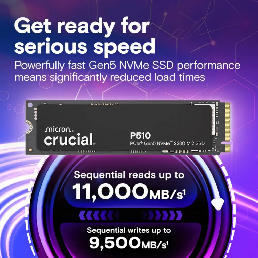 Crucial SSD NVMe P510 1TB Gen5, até 11.000 MB/s, SSD PCIe 5.0 M.2 2280, unidade de estado sólido interna, compatível com laptop, desktop + software Acronis - CT1000P510SSD8-01