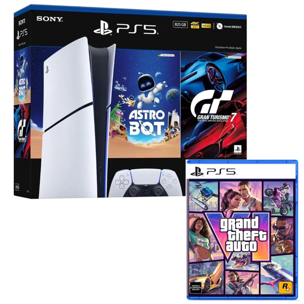Bundle GTA VI + PlayStation 5 Slim Digital 825 GB Pacote Astro Bot e Gran Turismo 7