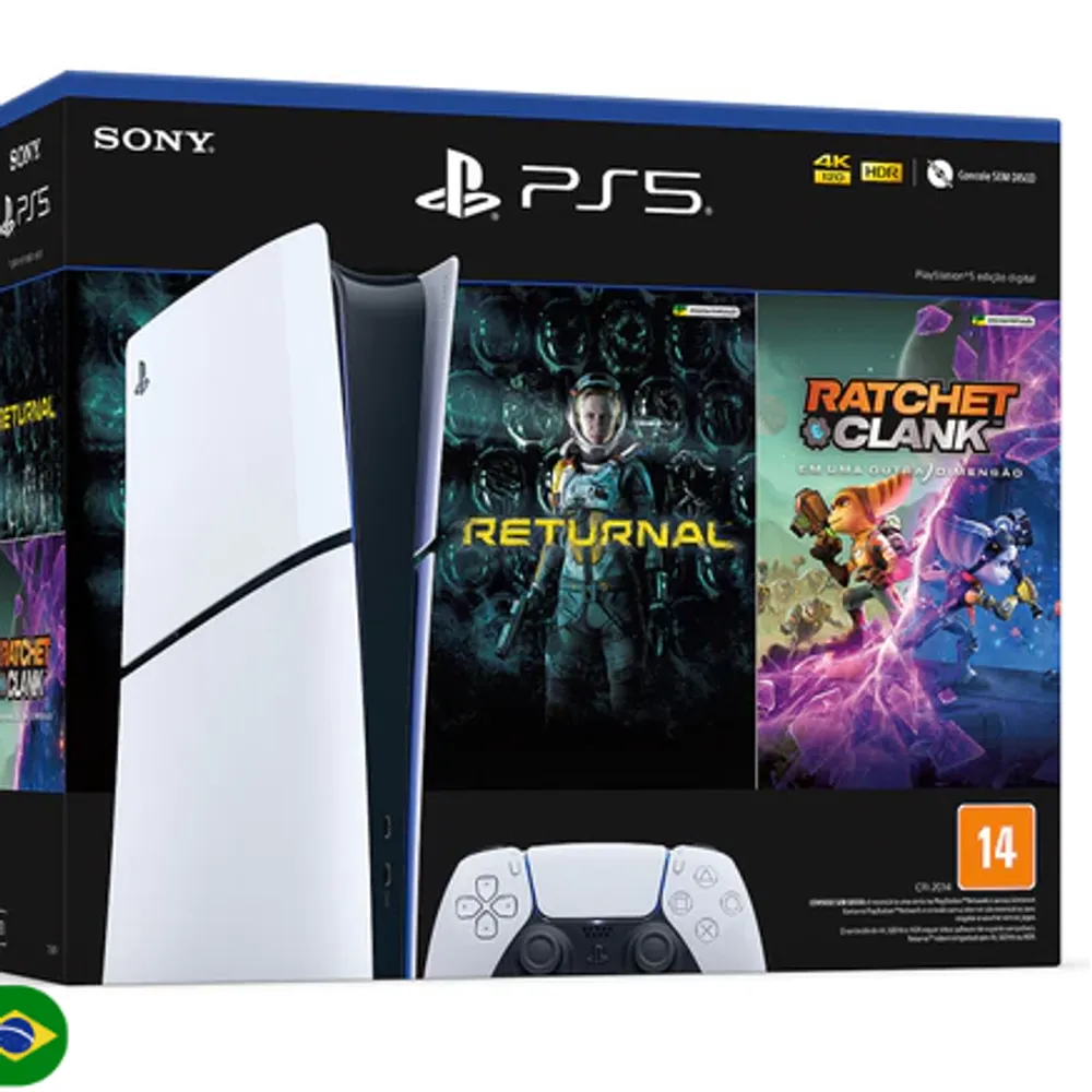 Console PlayStation 5 Slim Digital Edition Branco + Returnal e Ratchet e Clank + Controle Sem Fio Dualsense Branco