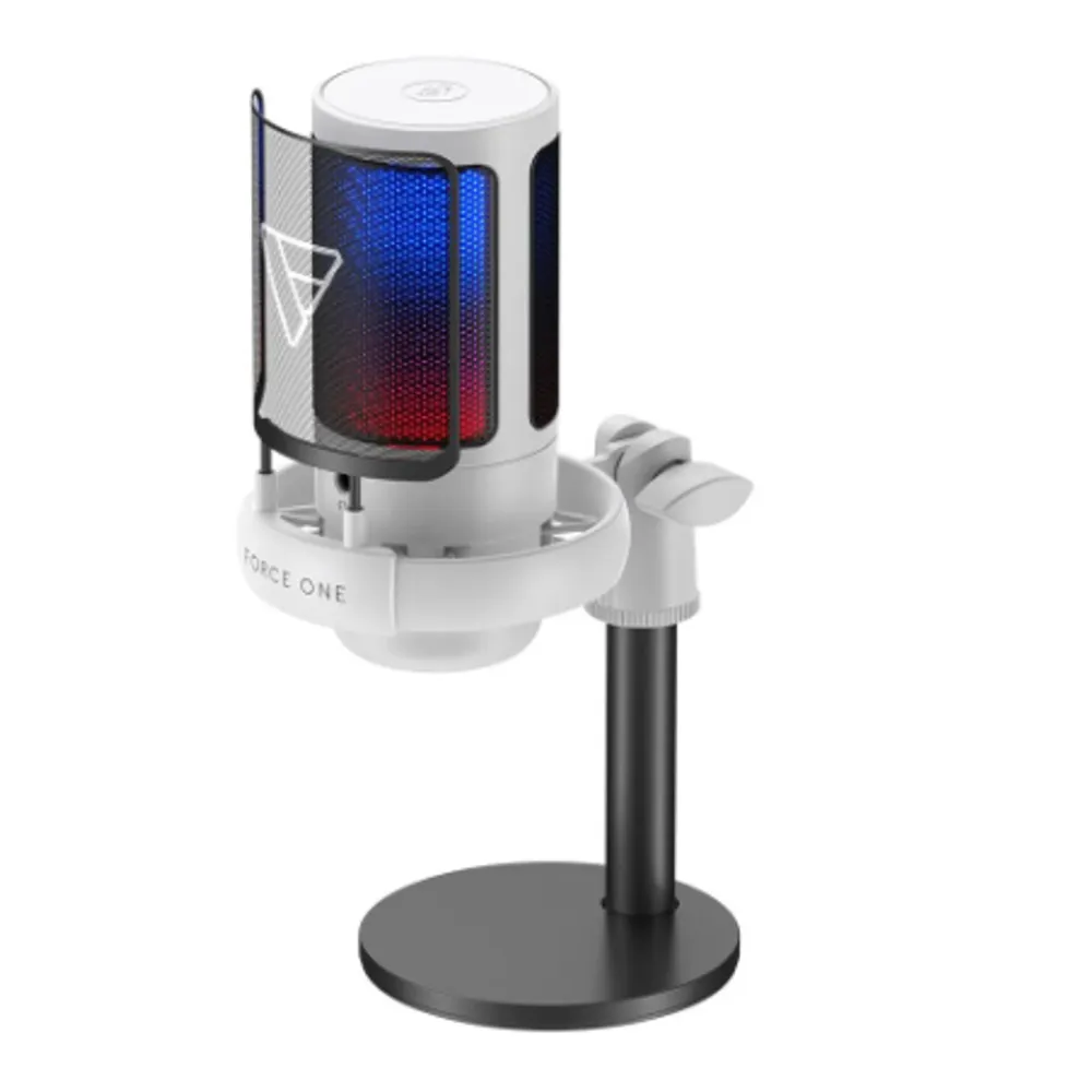 Microfone Gamer Force One Hero, RGB, Botão De Mute, USB, Cardicóide ou Unidirecional, Branco - FR.MC.HE.01