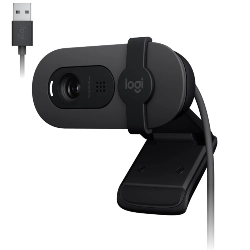 Webcam Full HD Logitech Brio 100 com Microfone Integrado, Proteção de Privacidade, Correção Automática de Luz,Câmera Web para Monitor - Grafite