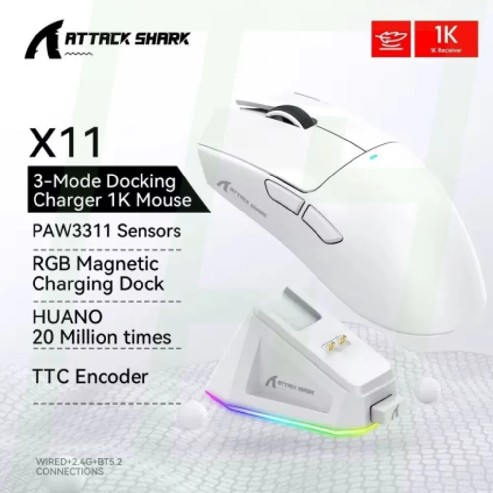 Attack Shark x11 Mouse Sem Fio com Dock, Sensor Pixart 3311link 7392