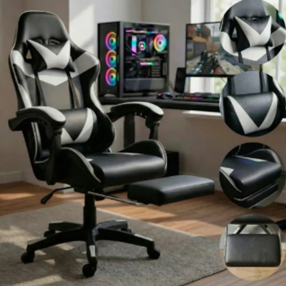 Cadeira de escritório Gamer ergonômica Reclinável Com Apoio dos Pés Branco Led Tools com estofado de couro sintético
