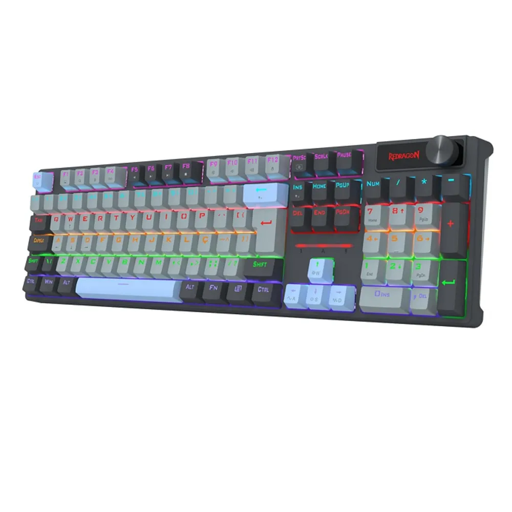 Teclado Mecânico Gamer Redragon Caesura Iluminação Rainbow Cinza Branco e Azul Switch Marrom com Roda de Volume K718GB-R