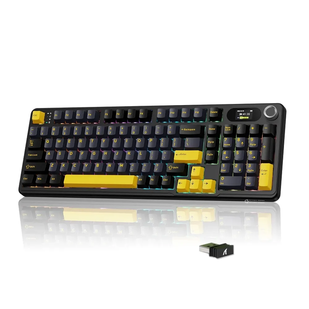ATTACK SHARK X98 PRO Teclado mecânico sem fio para jogos com tela inteligente,botão de mídia, RGB,2,4 GHz/USB-C/BT5.0,com vedação,interruptor linear hot-swap,teclas PBT para PC e Mac Gamer(Preto)