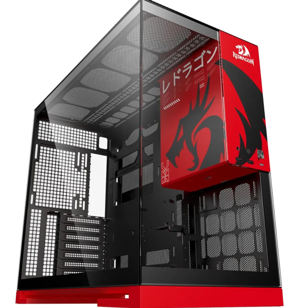 Gabinete Gamer Geometric Future Model 5 Redragon Spec Preto e Vermelho ATX Sem Fans Plataforma para Action Figures Painéis Vidro Temperado Duplo GEO-M5-RD
