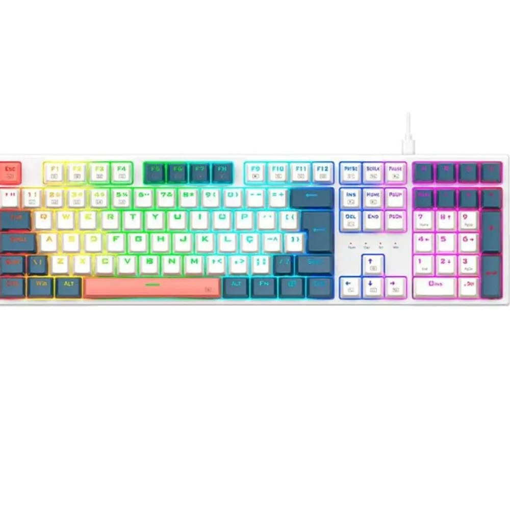 TECLADO MECANICO GAMER REDRAGON TRUNDLE RGB BRANCO, AZUL E ROSA SWITCH MARROM