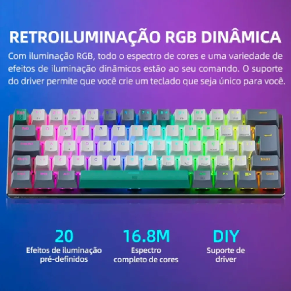 Teclado Mecânico Gamer Machenike K500-B61, RGB, Switch Blue,Layout 60% Compacto, HotSwap, USB-C, ABNT2, Cinza - JJ02F0001