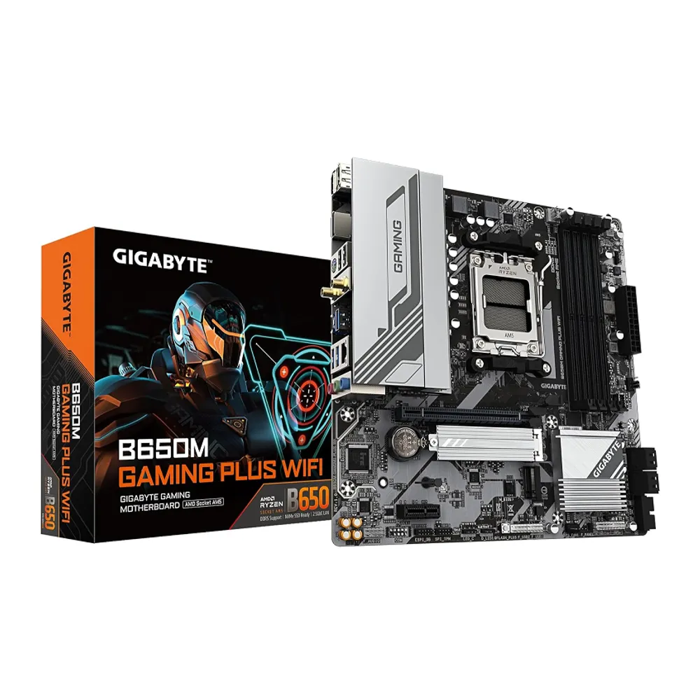 GIGABYTE Placa-mãe B650M GAMING PLUS WIFI - CPU AMD Ryzen 9000, 5+2+2 fases VRM, até 8000MHz DDR5, 2xPCIe 4.0 M.2, 2.5GbE LAN, WIFI 6E, USB 3.2 Gen 1