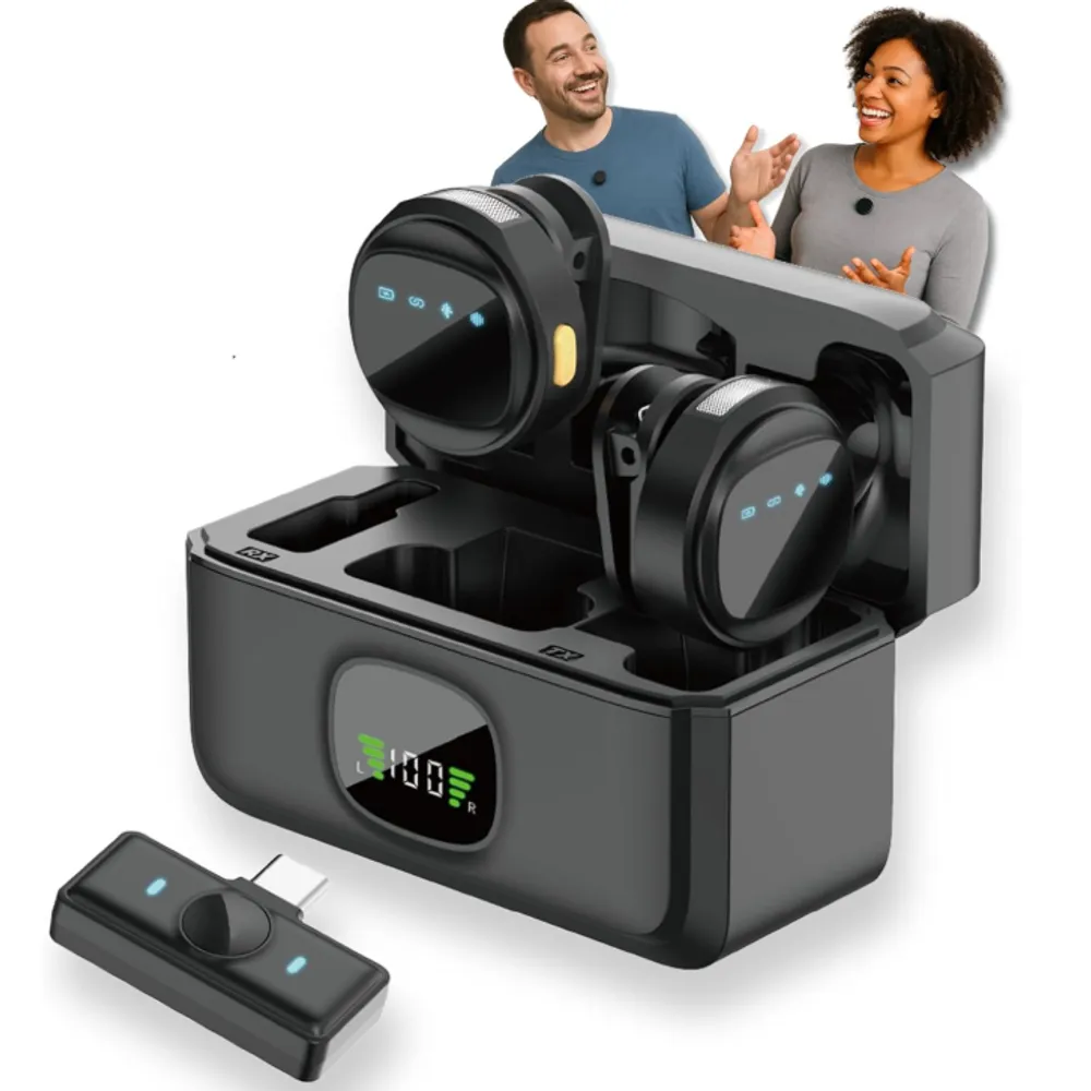 Microfone de Lapela Sem Fio Tipo C Kit Duplo com Case de Carregamento | Compatível com iPhone 15/16 Android USB-C e Notebooks | IA Antirruído | TikTok, Podcast, Gravações, Vídeo Aulas Online (Preto)