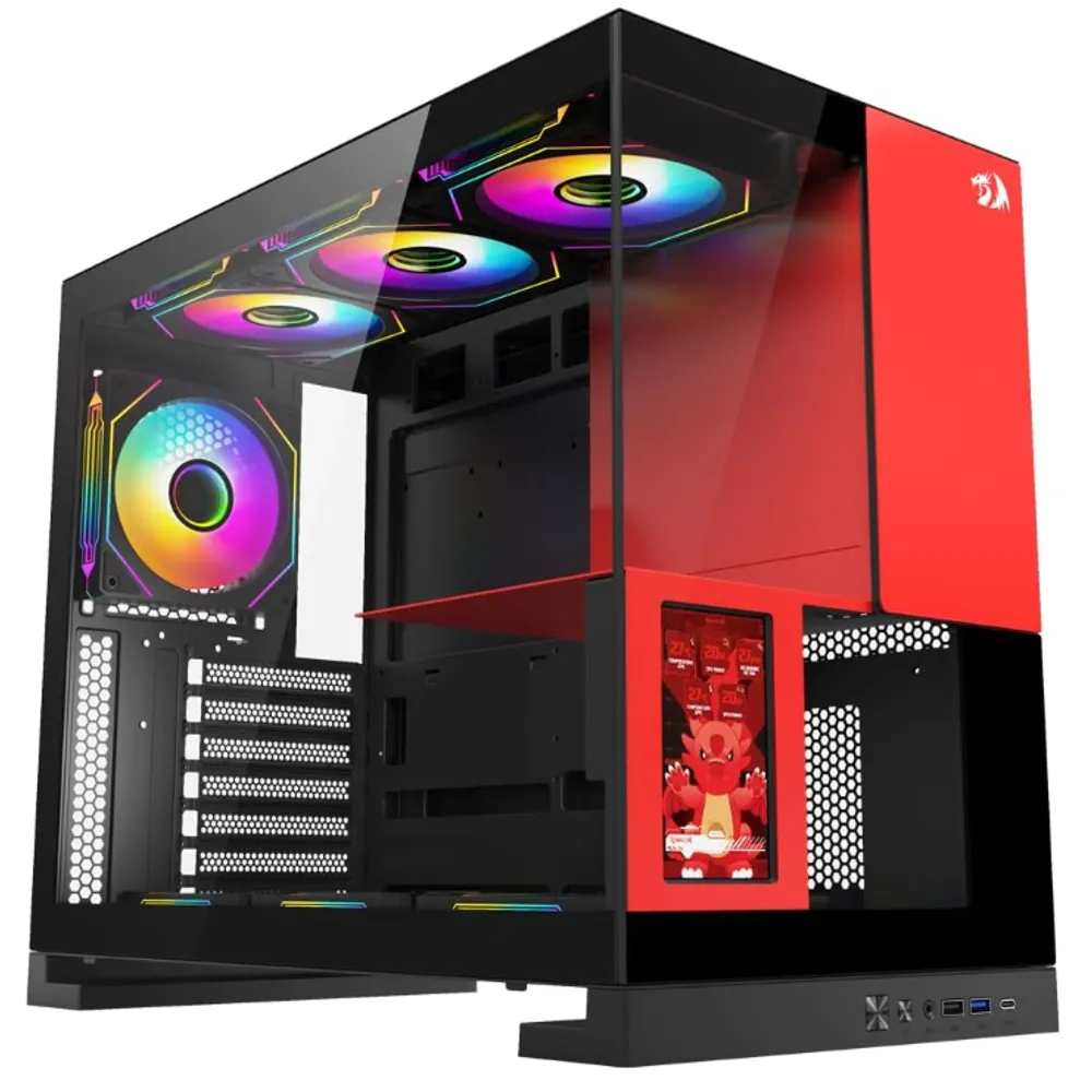 Gabinete Gamer Redragon Eternal Pro Preto e Vermelho Sem Fans com Tela LCD CA-613BR