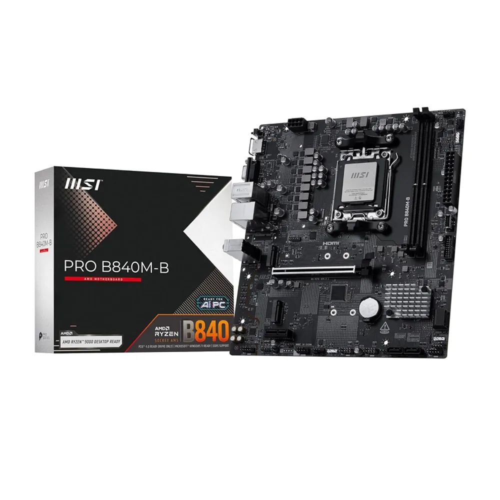Placa‑Mãe MSI PRO B840M‑B AM5 DDR5 – Compatível com AMD Ryzen™ 9000/8000/7000 - DDR5 8000+ OC - 2.5G LAN - Dual M.2 - Formato mATX