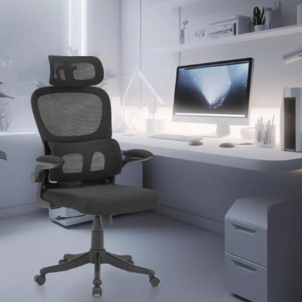 Cadeira de escritório, design ergonômico com suporte lombar independente, malha respirável e encosto de cabeça ajustável (Preto)