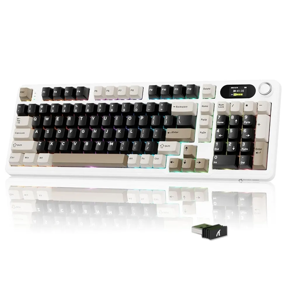 ATTACK SHARK X98 PRO Teclado mecânico sem fio para jogos com tela inteligente,botão de mídia, RGB,2,4 GHz/USB-C/BT5.0,com vedação,interruptor linear hot-swap,teclas PBT para PC e Mac Gamer(Branco)