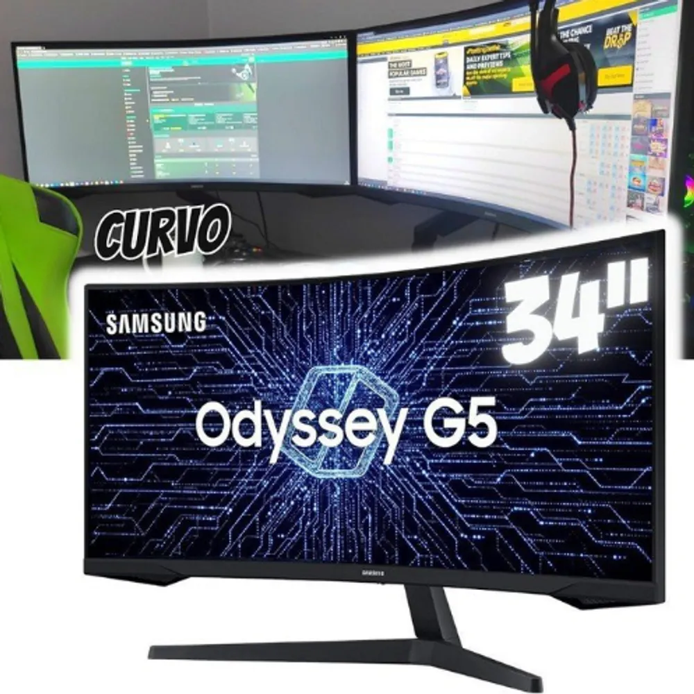 Monitor Gamer Curvo Samsung Odyssey 34’’, Ultra WQHD, 165Hz, 1ms, tela ultrawide, HDMI, Display Port, Freesync Premium, preto, série G5