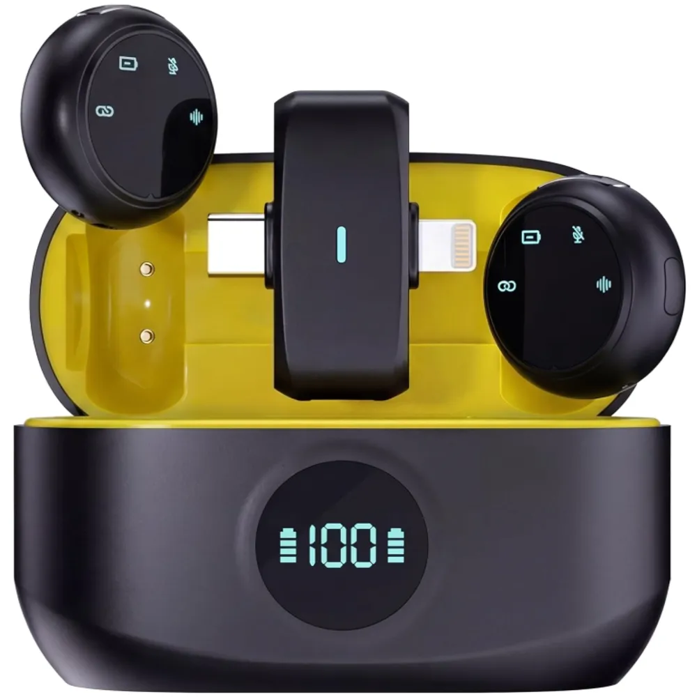 Kit 2 Microfones Profissionais de Lapela Bluetooth Sem Fio com Imã e Case de Carregamento, Redução de Ruído para Celular, Gravações, Lives e Vídeos com Áudio Claro