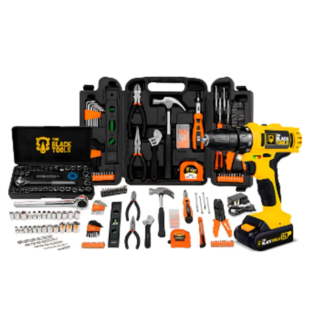 Jogo De Ferramentas 169 Peças Com Maleta E Furadeira Parafusadeira Sem Fio A Bateria Tb-12e 12v 3/8 10mm The Black Tools