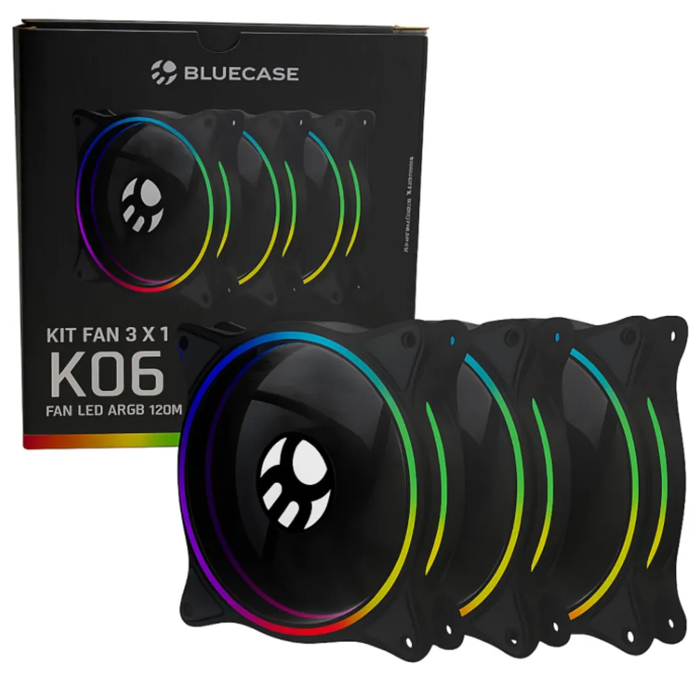 Kit 3x Coolers Fan Preto RGB 120mm para PC Gamer 3,4W 39 CFM 1200 RPM - BlueCase