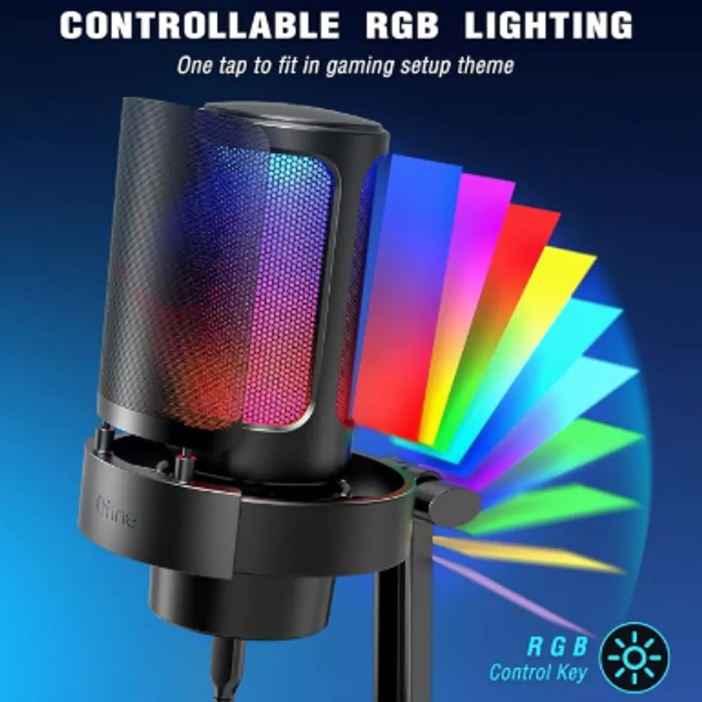 FIFINE A8 USB Microfone jogos para C,Streaming,Podcasts,gravação,computador | Microfono condensador para computador de mesa compatível com Mac/PS4/PS5,com controle RGB,toque mudo,conector de fone ouvido