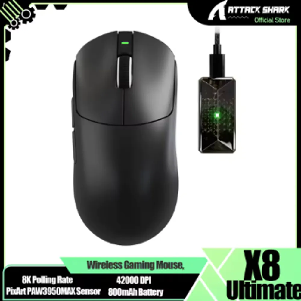 Mouse Gamer Sem Fio ATTACK SHARK X8 ULTIMATE 8K, MCU Nordic 54L15. PAW3950MAX Switchs Huano Opticos link 9371