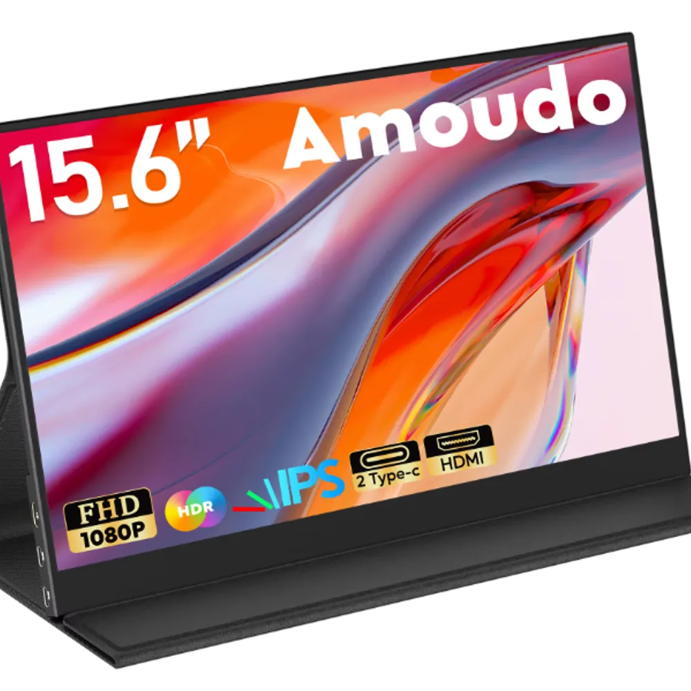 Amoudo 15.6 Inch Portable Monitor 1920x1080P Mobile Display IPS LCD Panel Penhole Stand VESA USBC Mini HDMI Extend Display (BR)