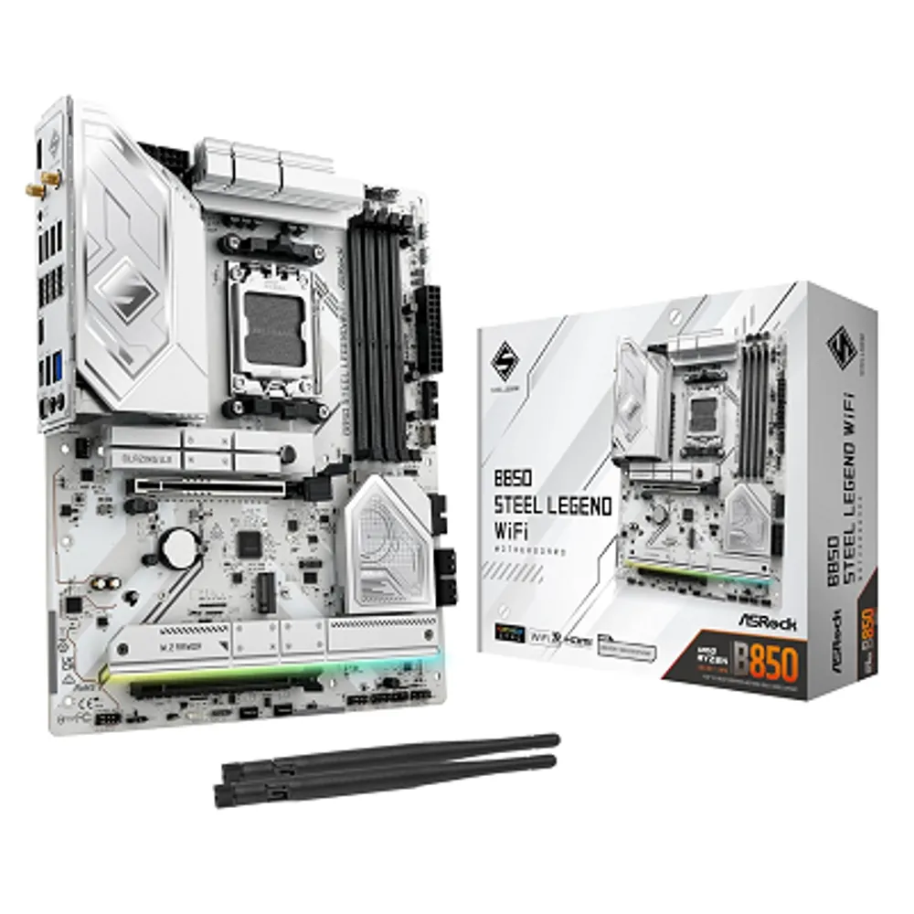 ASRock AMD B850 Steel Legend WiFi 7 Soquetes AM5 Ryzen 9000, 8000 e 7000 Series DDR5 até 8000+ (OC) MHz 256GB ATX Placa-mãe M.2 SATA3 6.0 Gb/s PCIe 5.0 1 HDMI
