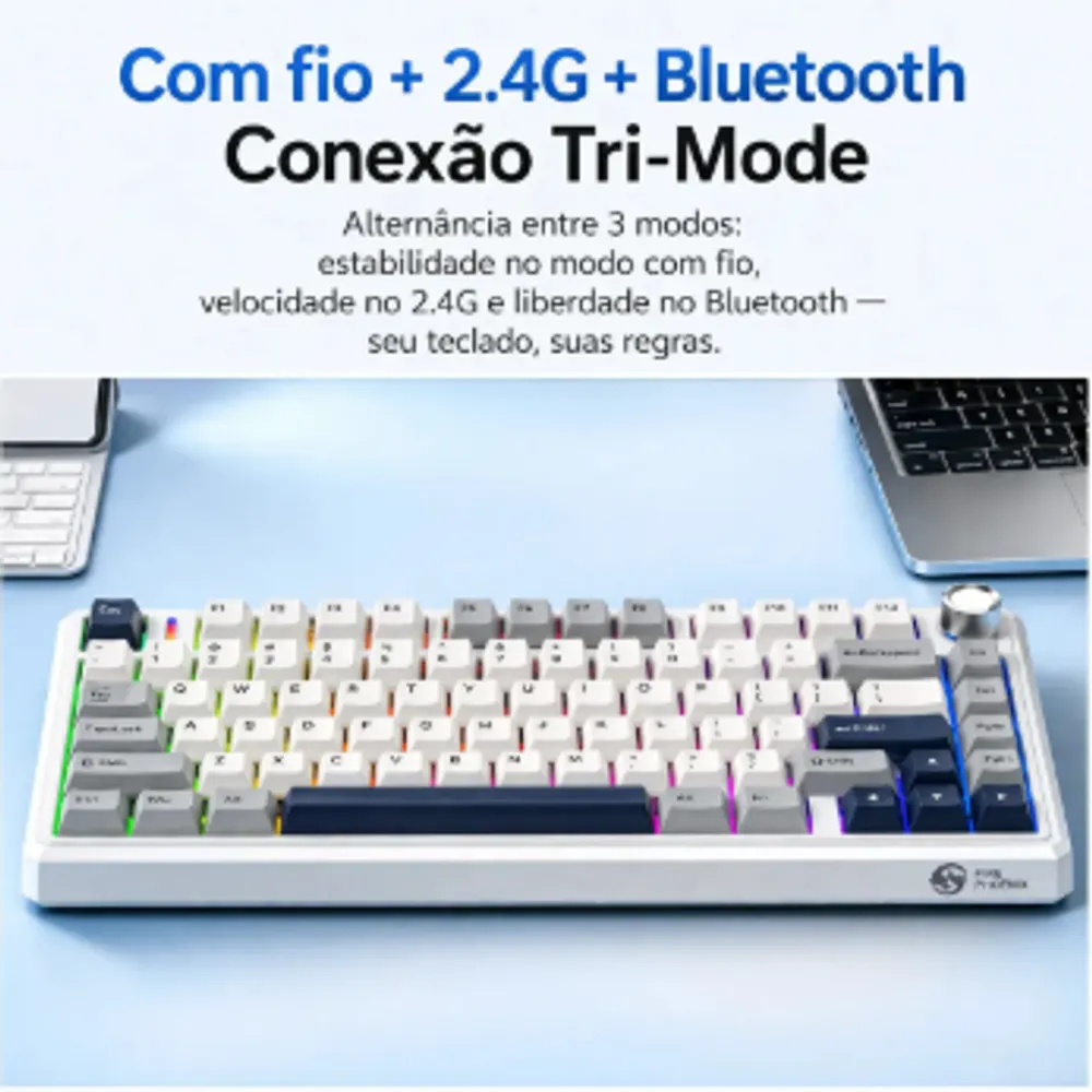 Teclado Mecanico Gamer Sem Fio Tri Mode Bluetooth Fire Phoenix Bk-f75 Pro White And Blue Switch Pink Gold