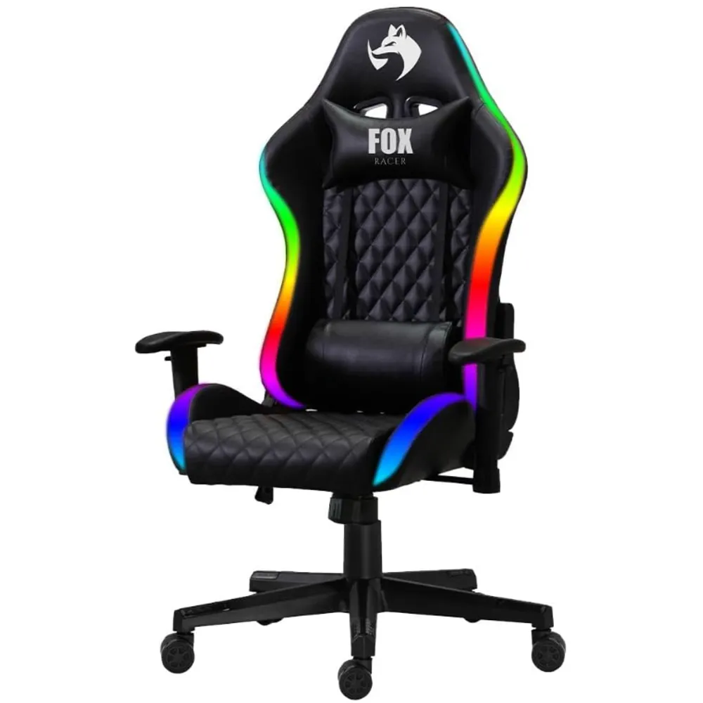 Cadeira Gamer Fox Racer até 130kgs com RGB e Iluminação LED com almofadas Reclinável Preta