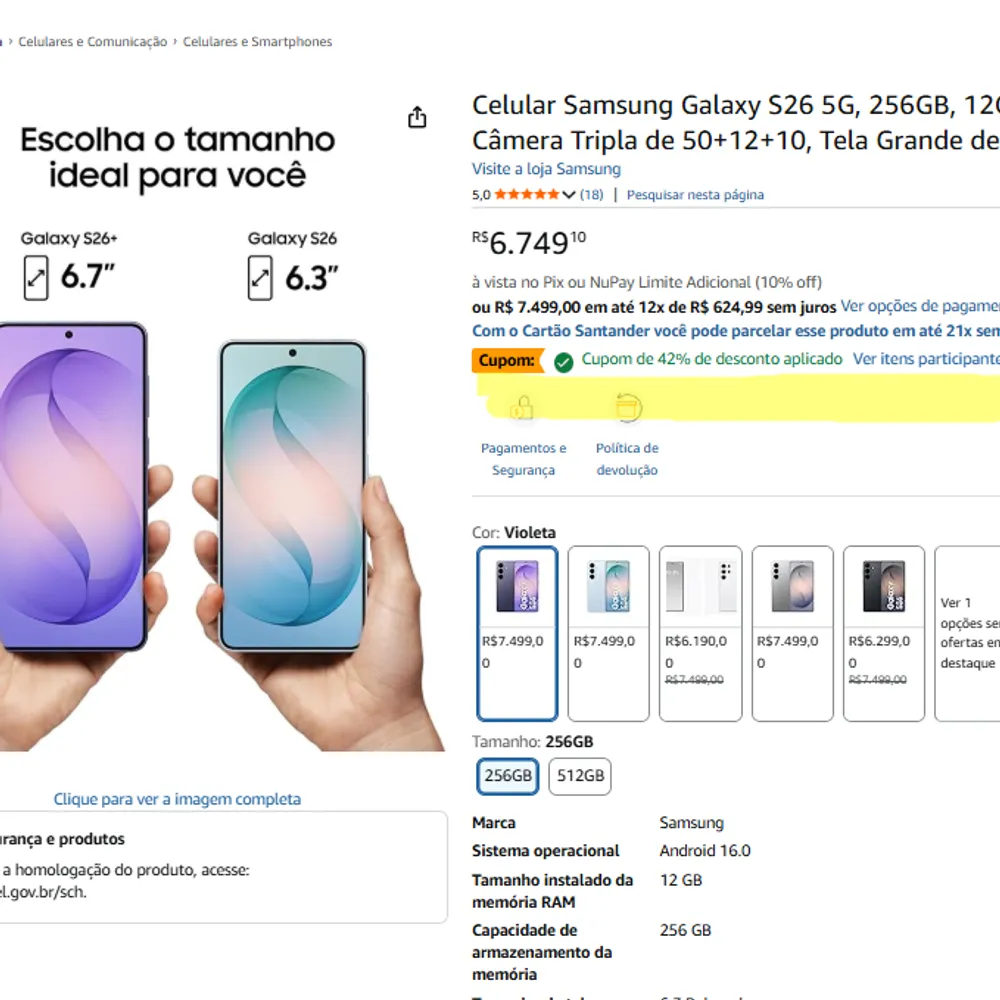 Celular Samsung Galaxy S26 5G, 256GB, 12GB RAM, Câmera Tripla de 50+12+10, Tela Grande de 6.3" - Violeta