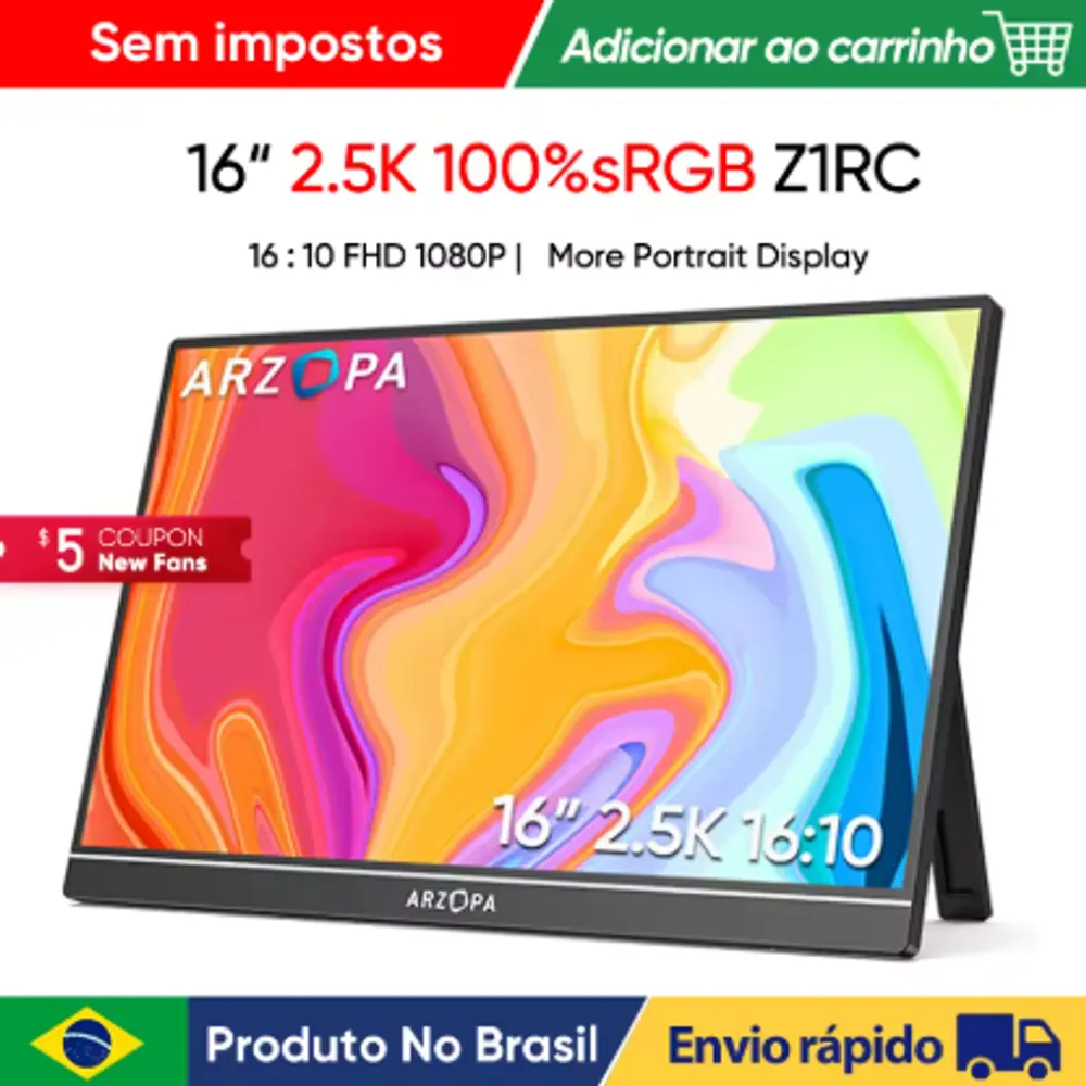 ARZOPA 16inch 2K Portable Monitor 16:10 IPS Screen with type-c mini hdmi  link 0661 (BR)