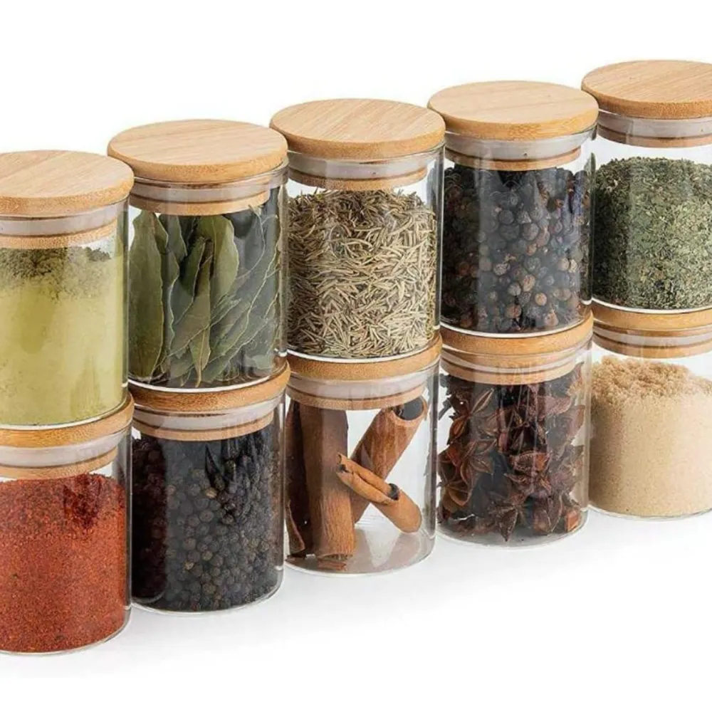 Kit 10 Potes Porta Mantimentos De Vidro Tampa De Bambu 200ML