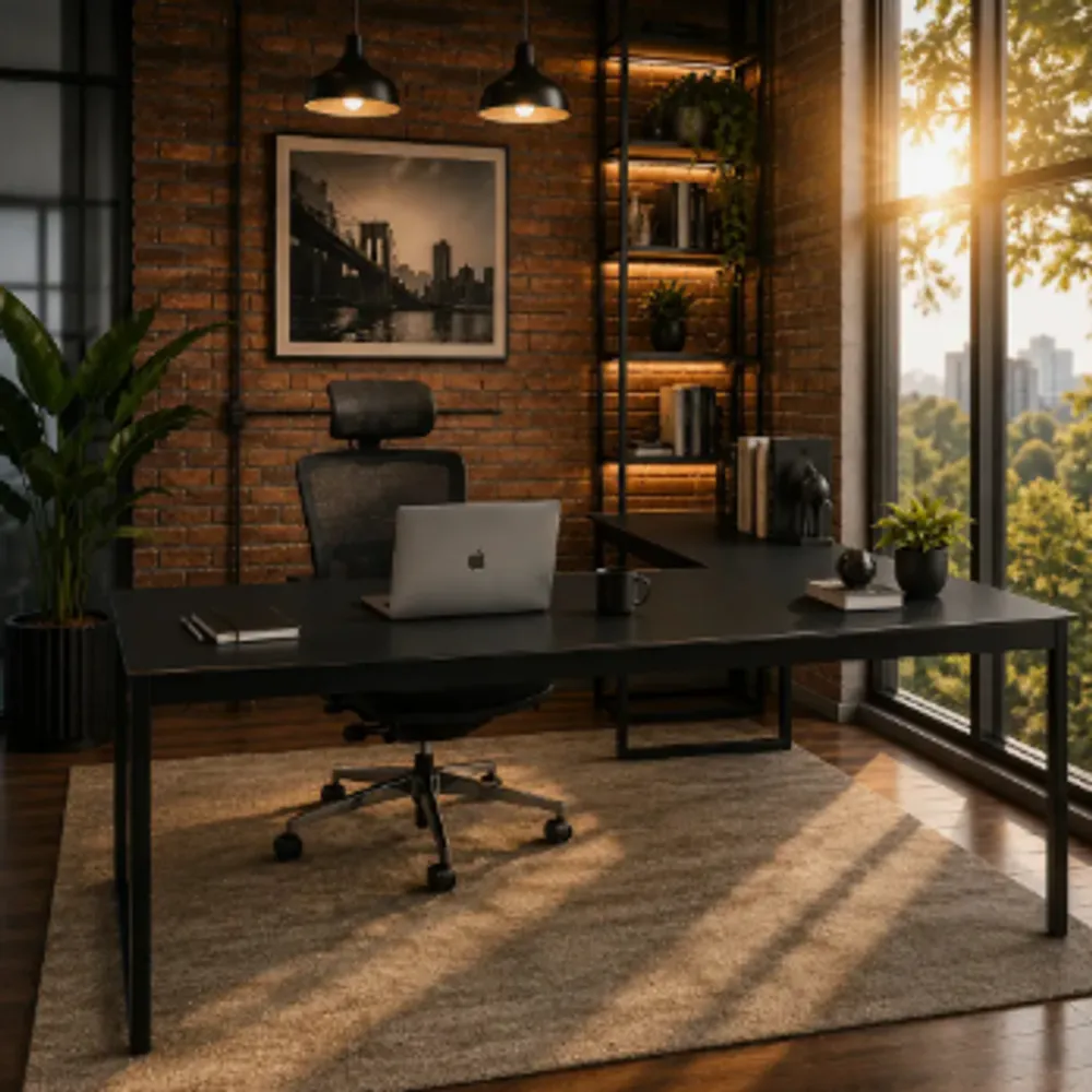 Escrivaninha Mesa Em L De Canto Com Estrutura Em Ferro E Tampo De Madeira Meslmagn Para Home Office Escritório/estudos Cor Preto Estilo Industrial Sofa Sogude