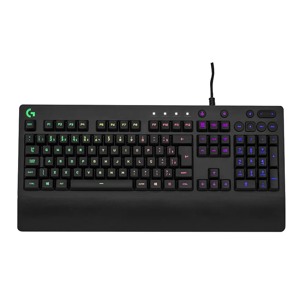 Teclado Gamer Logitech G213 com Layout ABNT2, RGB LIGHTSYNC, Controles de Mídia Dedicados, Design Durável e Resistente à Respingos