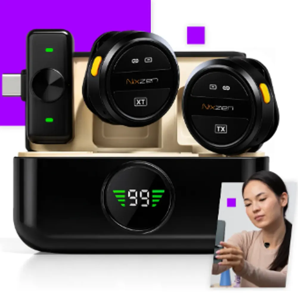 Microfone Lapela Redondo Sem Fio Tipo-C Duplo Anti Ruído P/ Android E iPhone 15 16 17 Com Caixinha Para Carregamento Cor Preto Nixzen