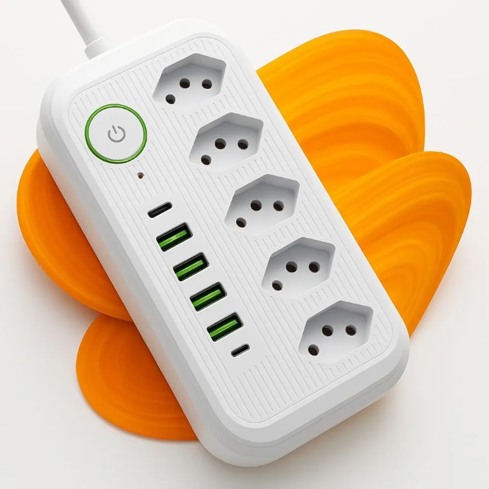 Filtro de Linha Premium 2500W com DPS (Proteção Contra Surtos), 5 Tomadas + 6 USB (4 USB + 2 USB-C), Bivolt Automático 110–220V, Chave Liga/Desliga, Proteção Sobrecarga, Cabo 1,9m - Branco