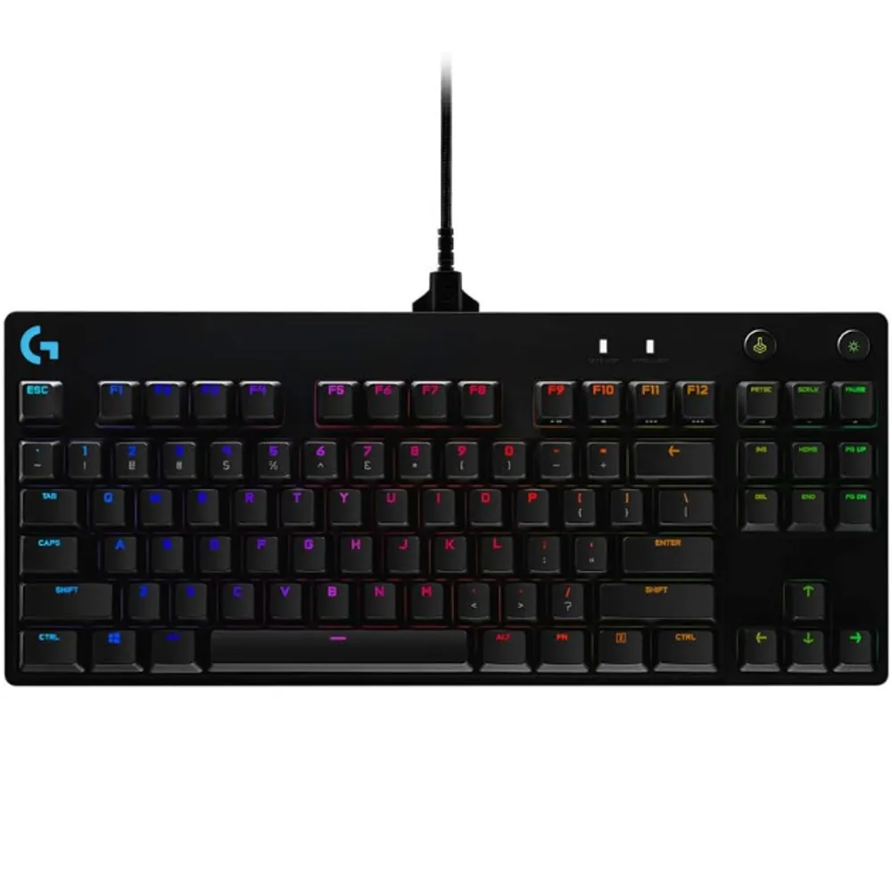 Teclado Mecânico Gamer Logitech G PRO com Layout US, RGB LIGHTSYNC, Design TKL, Cabo Destacável e Switch Exclusivo GX Blue Clicky | Cabo micro USB removível ultra portátil, 16,8 milhões de teclas iluminadas Lightsync coloridas