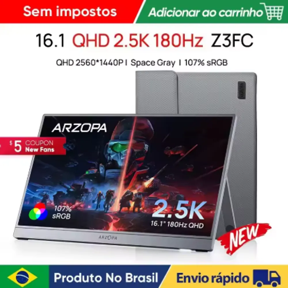 [NEW]ARZOPA 16.1inch 180Hz 2.5K 107% SRGB Portable Monitor Space Grey with Storage Bag Z3FC For PS4/5 Steam Deck Switch PC Mac