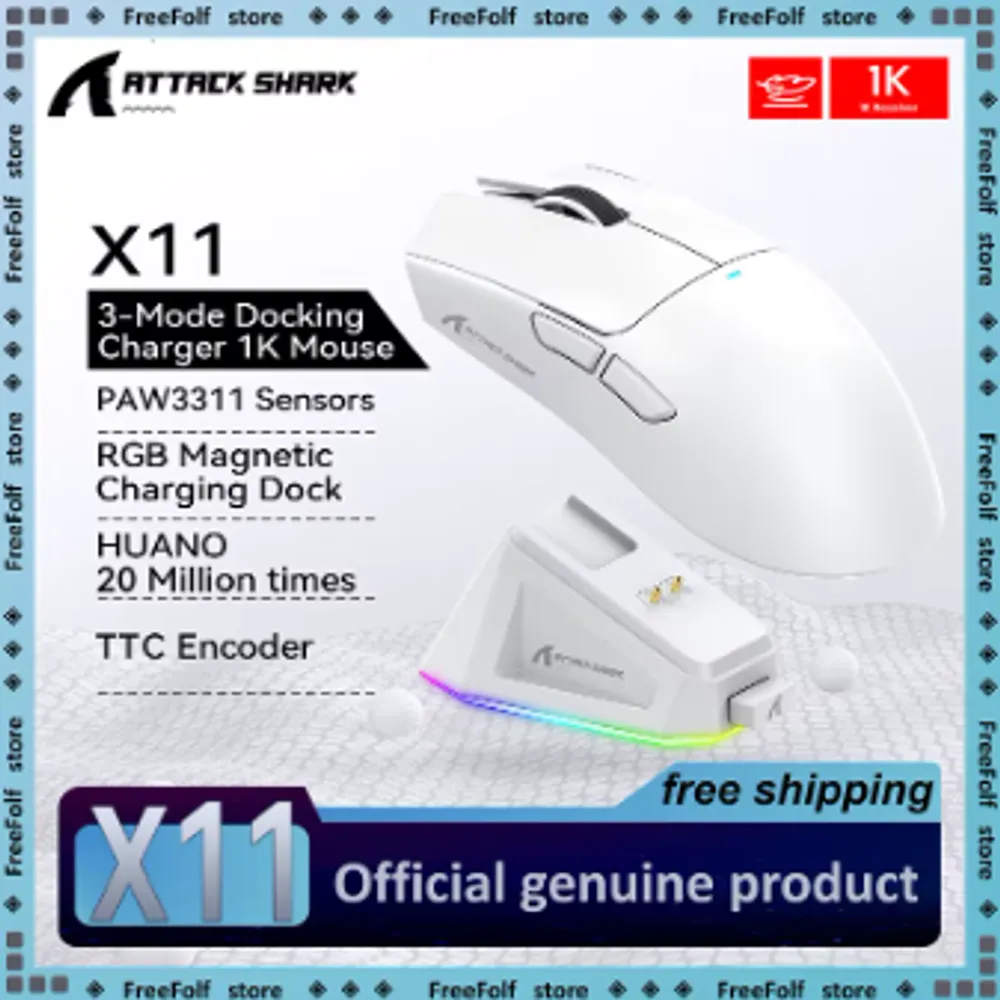 Mouse Attack Shark X11 com Dock Sem Fio 22000 DPI Bluetooth USB PAW3311 link 1345