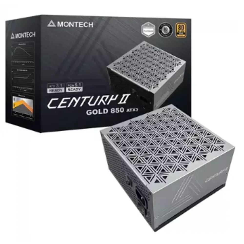 Fonte Montech Century II 850W, 80 Plus Gold, Cybenetics Platinum, PCIe 5.1, PFC Ativo, Full Modular, Cinza