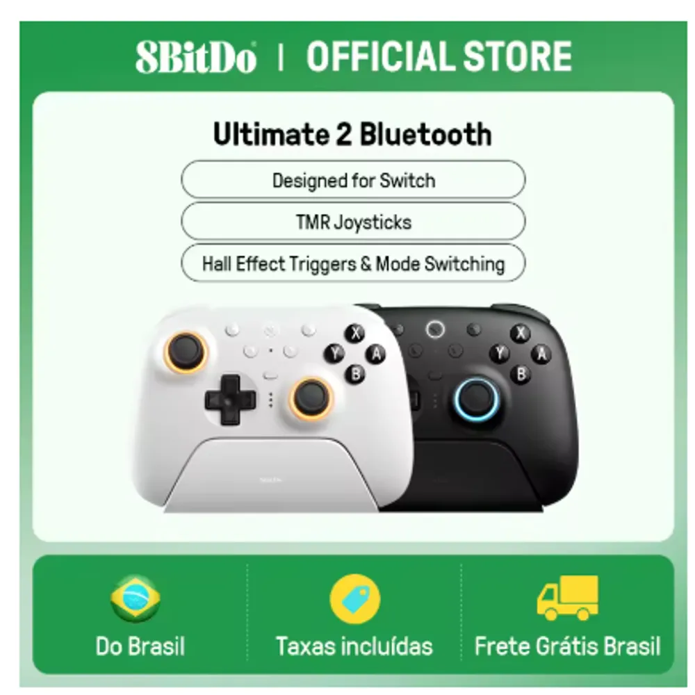 Controle 8BitDo Ultimate 2 bluetooth com DOCA DE CARREGAMENTO - para NINTENDO SWITCH 1 e 2, PC e IOS LINK 6561 (BR)