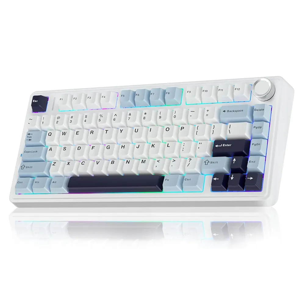 Teclado Mecânico AULA F75 Azul Glacial 75% Sem Fio BT5.0/2.4GHz/USB-C Hot-Swappable RGB