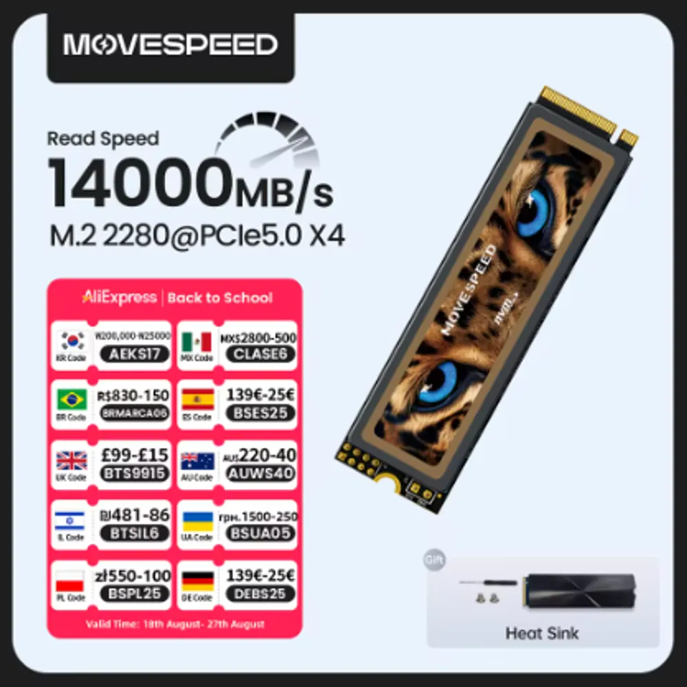 MOVESPEED 14000MB/s PCIe5.0 SSD NVMe M.2 2280  2 TB