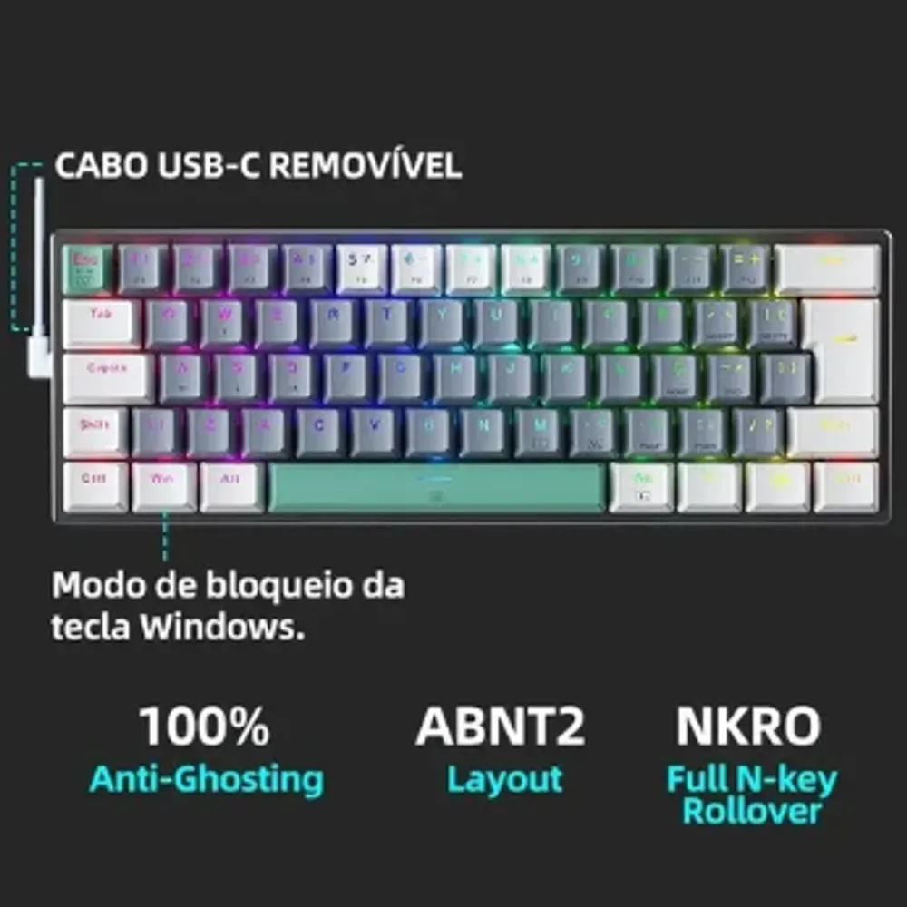 Teclado Gamer Mecanico Machenike K500-b61 60% Abnt2 Rgb Cinza Português Brasil