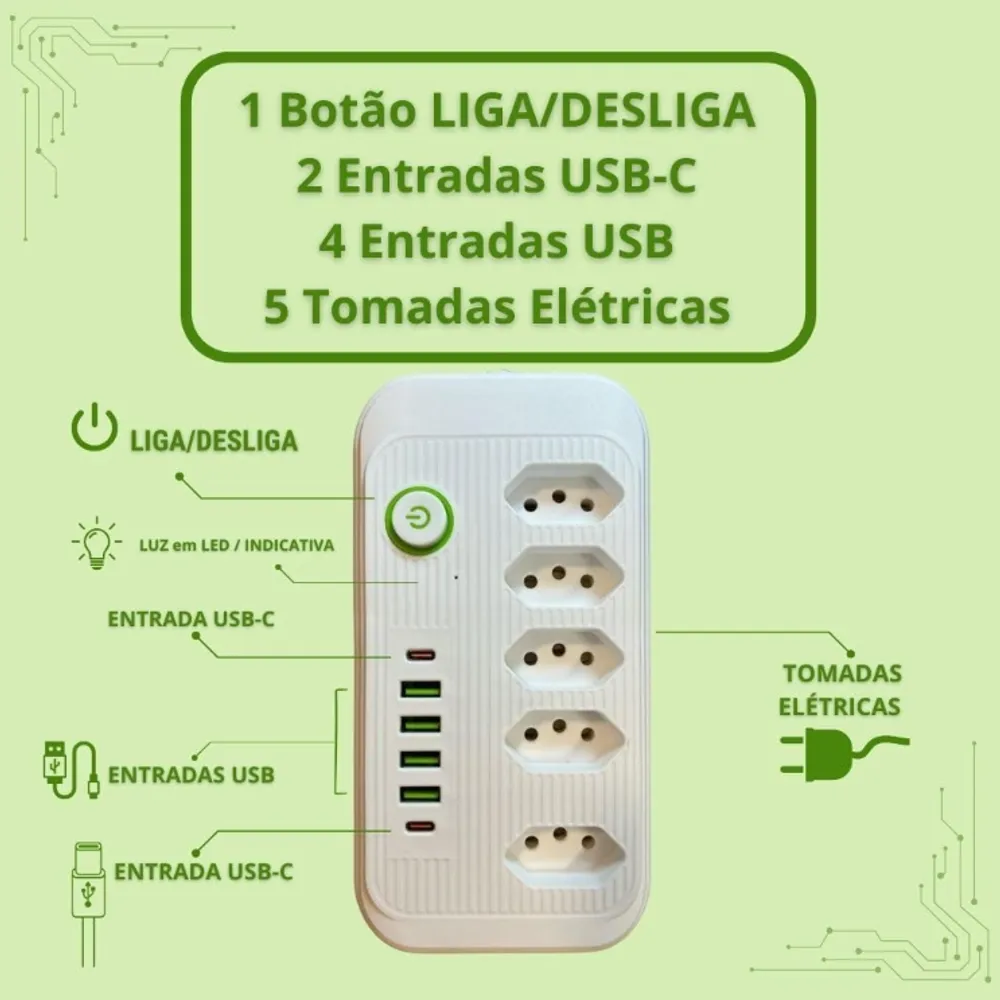 Filtro De Linha Extensão Bivolt | Com 5 Tomadas + 2 USB-C + 4 USB | 2500W e Carregamento Rápido | Cabo Reforçado de 1,9m para Uso Residencial E Escritório